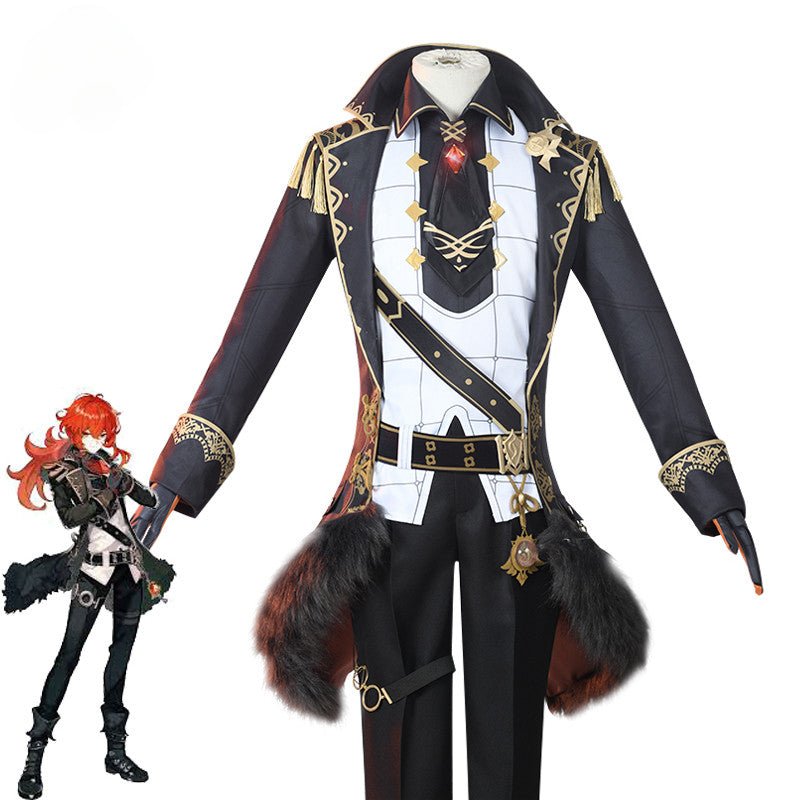 Genshin Impact Cosplay Kostüm Diluc Cosplay Kostüm Männer Schwarz Kostüm Uniform Halloween Hemd Hose Handschuhe Vollständiges Set