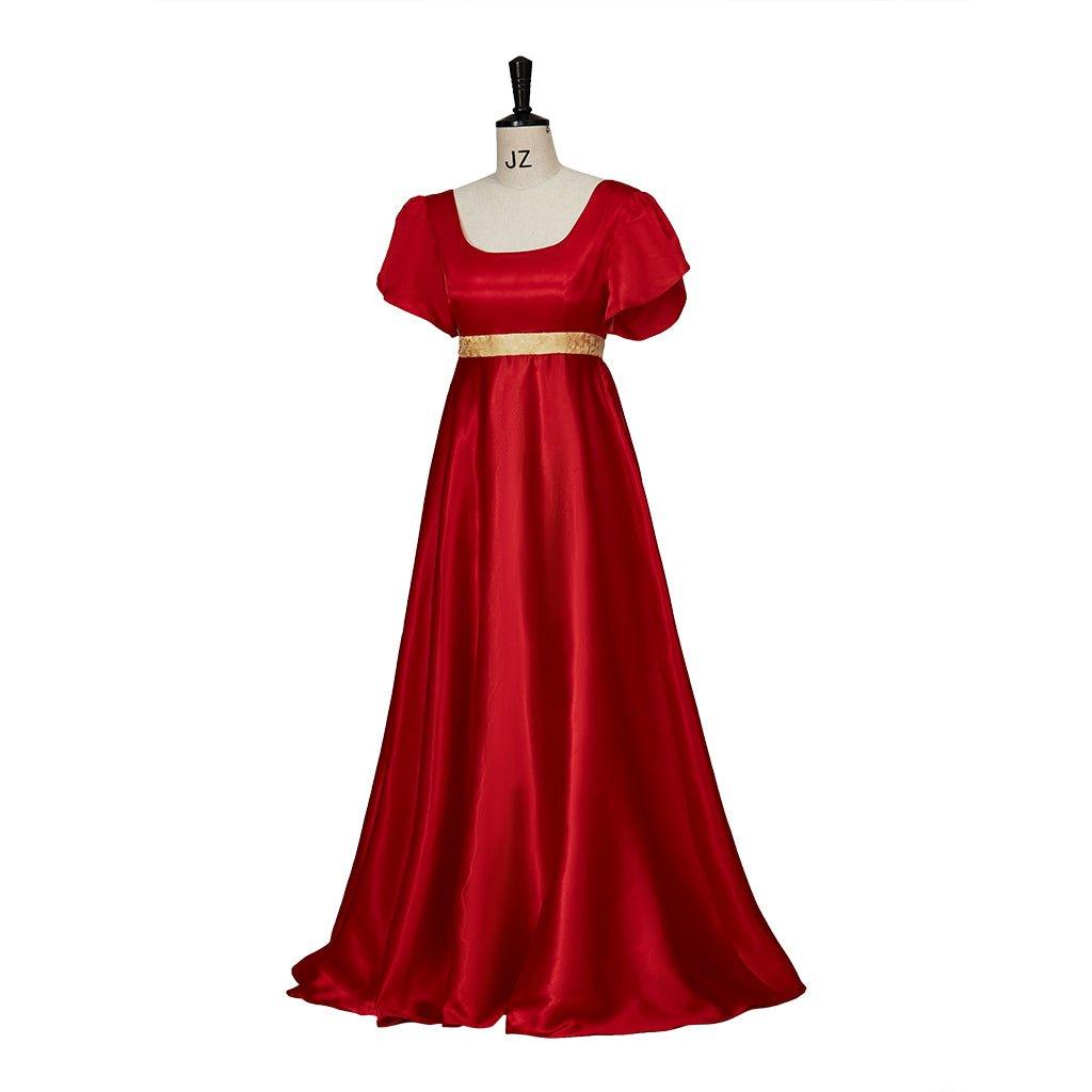 Weihnachtsrotes Empire-Taillenkleid mit goldenem Taillengürtel | Regency-Stil Cosplay-Kostüm