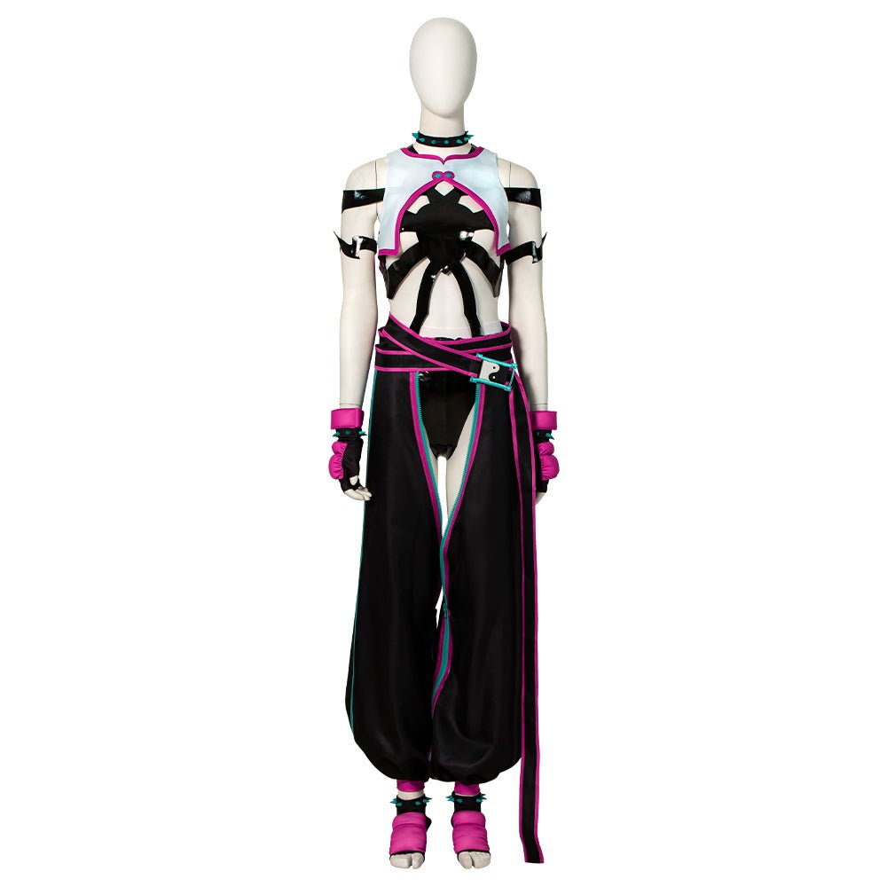 Street Fighter 6 Juri Cosplay Kostüm - Hollow Bodysuit Weste Hose Set mit Handschuhen Gürtel