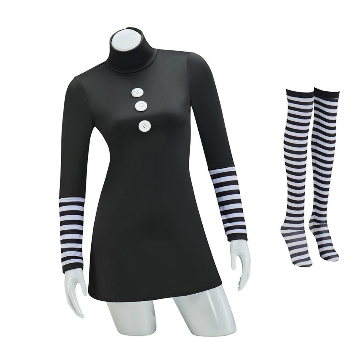 Marionette Cosplay Kostüm Schwarzes Kleid Mit Gestreiften Strumpfhosen Erwachsene Frauen Halloween Karneval Puppen Kostüm Outfit