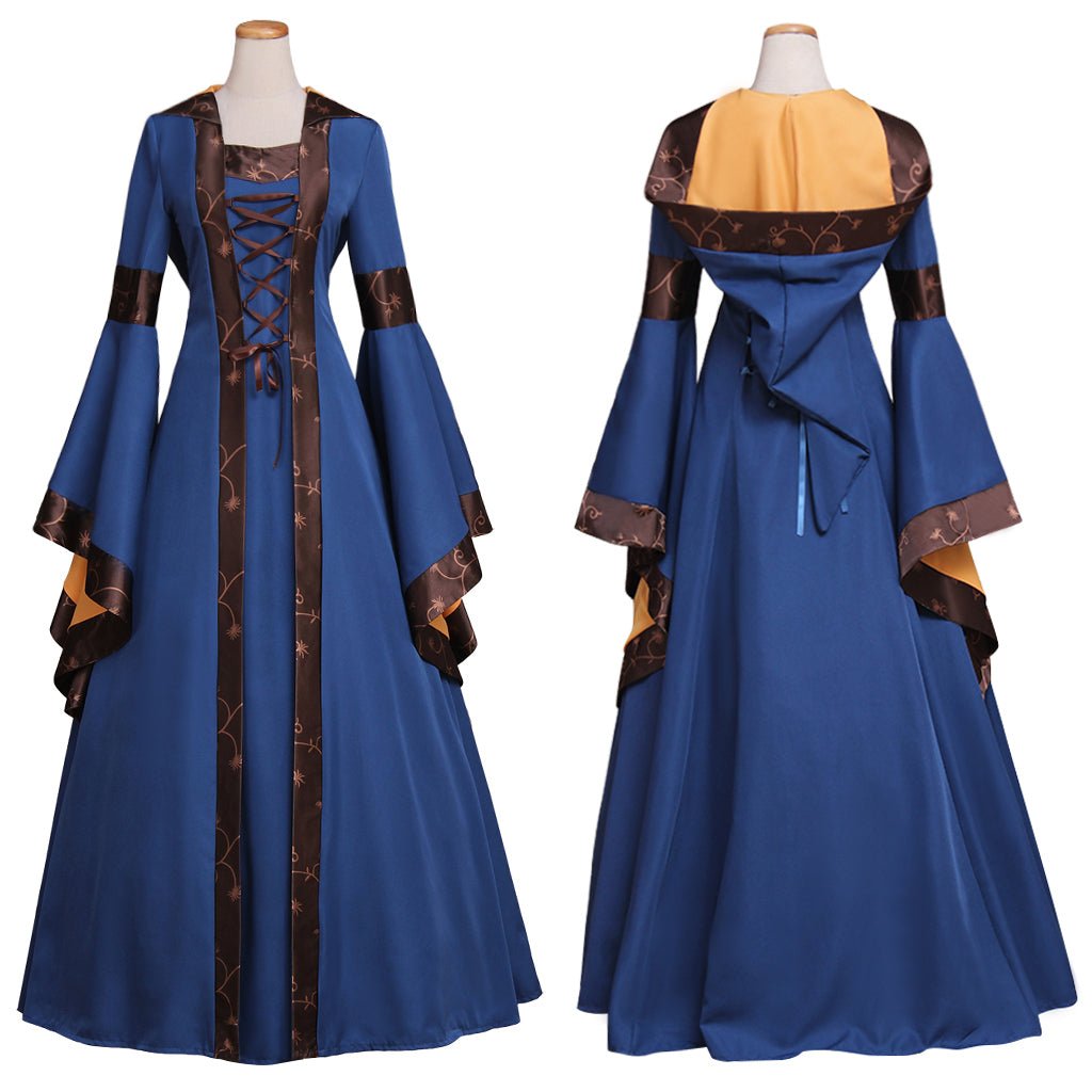 Ausgestellt Ärmel Mittelalterliches Kleid mit Kapuze Hohe Taille Schnürung Vintage Kleider Für Frauen Gothic Cosplay Europäisches Hof Lang Party Kleid