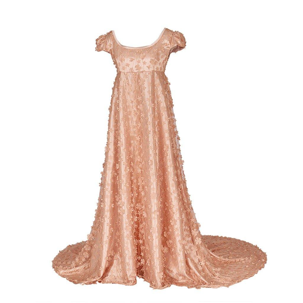 Orangefarbenes Champagner gemustertes Seidenkleid - Regency Kleid für Bridgerton Cosplay, Veranstaltungen