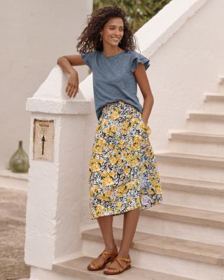 Smocked-Waist Linen Midi Skirt