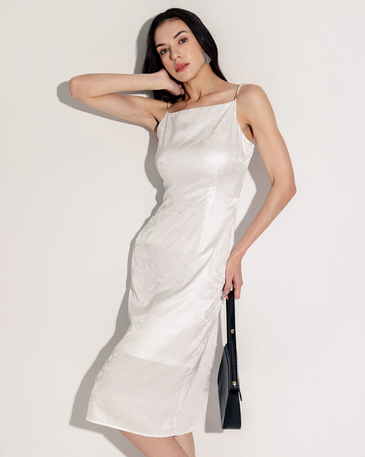 White Beaded Strap Slip Midi Dress