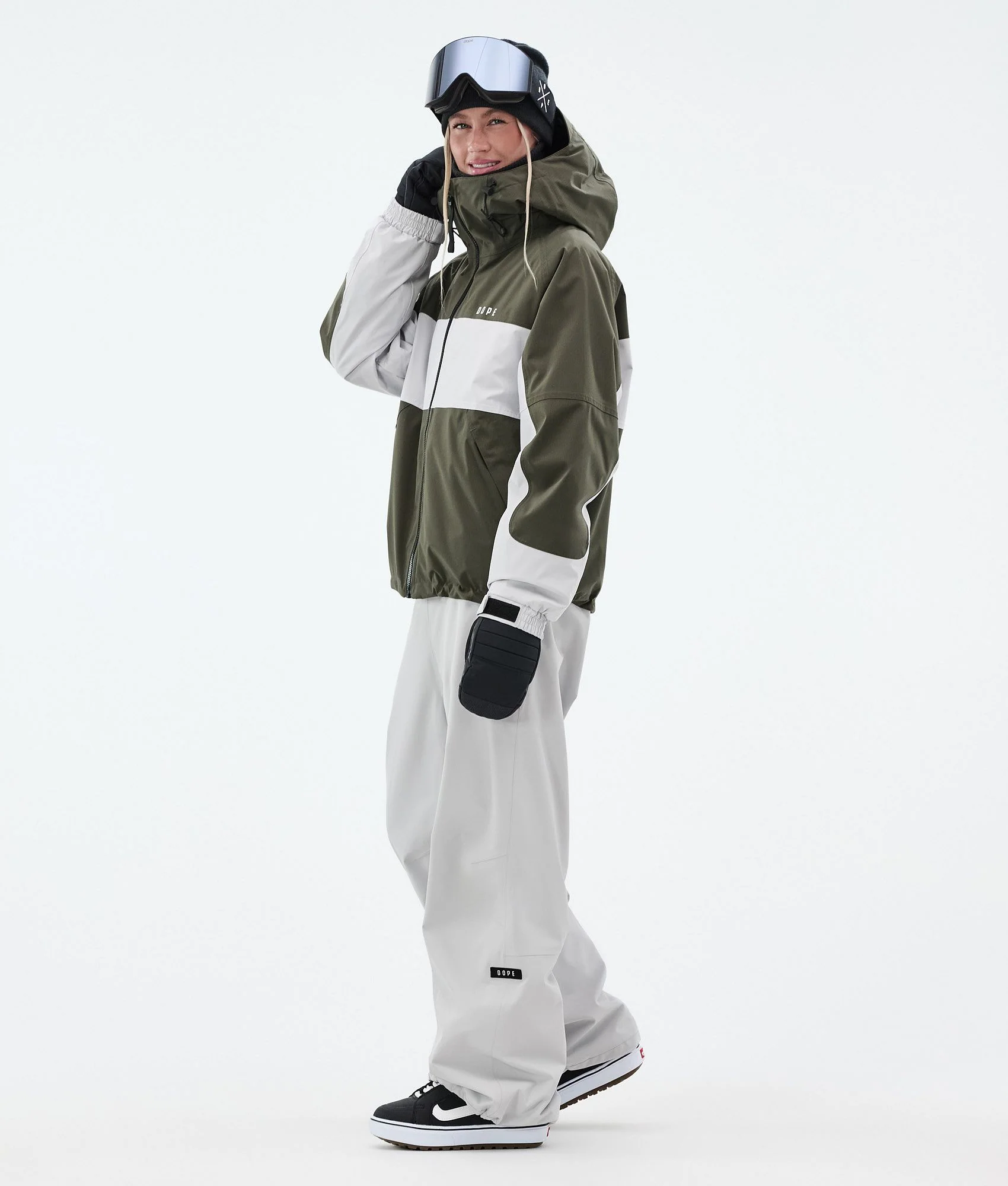 Snowboard Jacket Women Stripe Olive Green/Light Grey