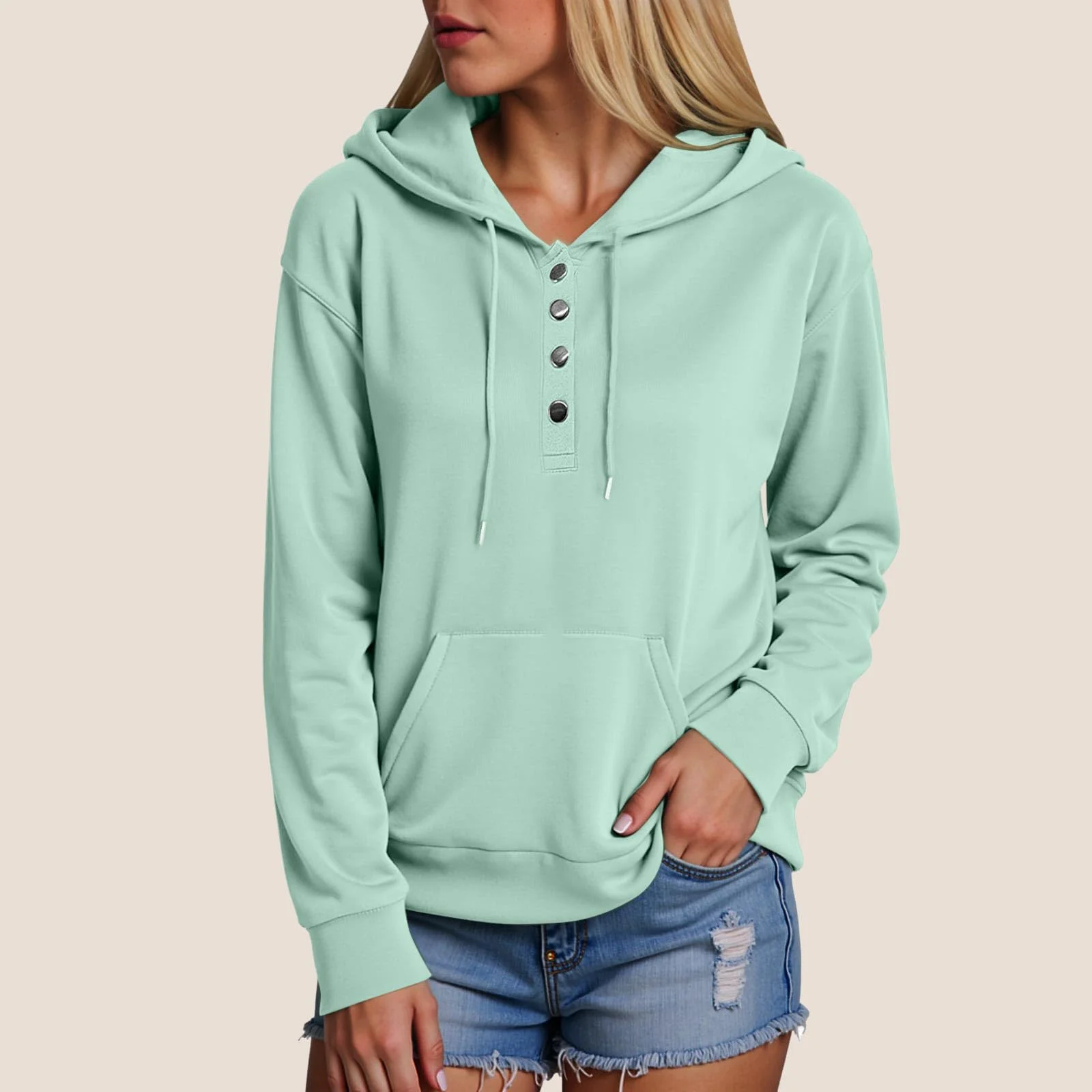Unbranded Hoodies for Women 2025 Hoodies Button Down Collar Drawstring Hooded Pullover Sweatshirt Casual Long Sleeve Tops Shirts Light Green S