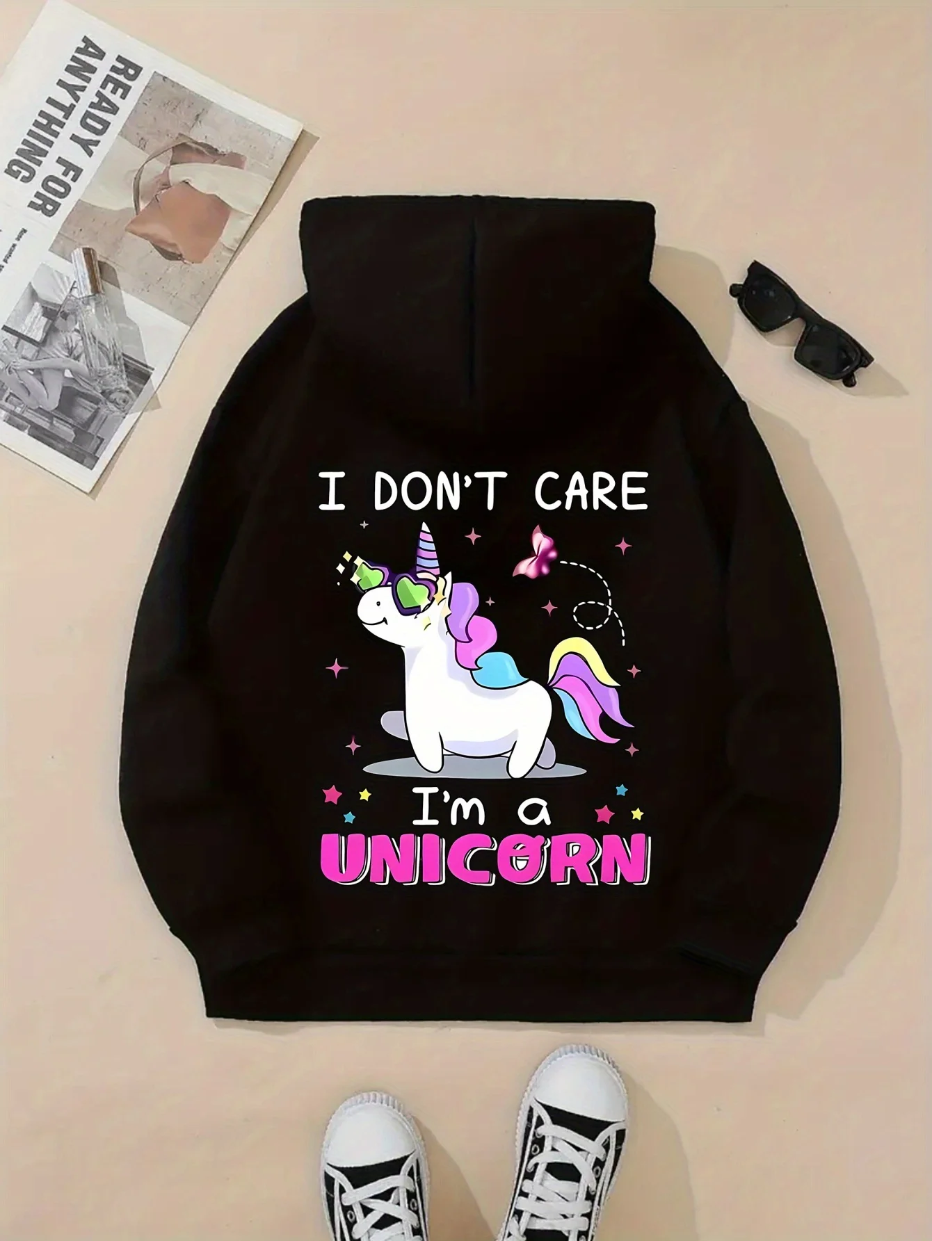 1pc  Women'S Unicorn Print Hoodie - Casual Long Sleeve Pullover with Kangaroo Pocket,  Slight Stretch, All-Season Hooded Top