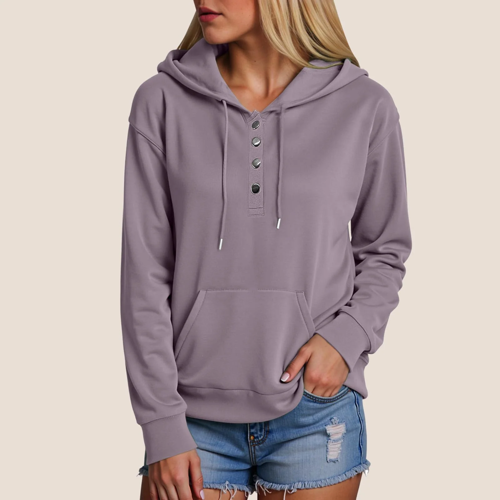 Unbranded Hoodies for Women Long Sleeve Drawstring Button Down V Neck Fleece Casual Lightweight Pullover Sweatshirt Hooded Tops Purple XL