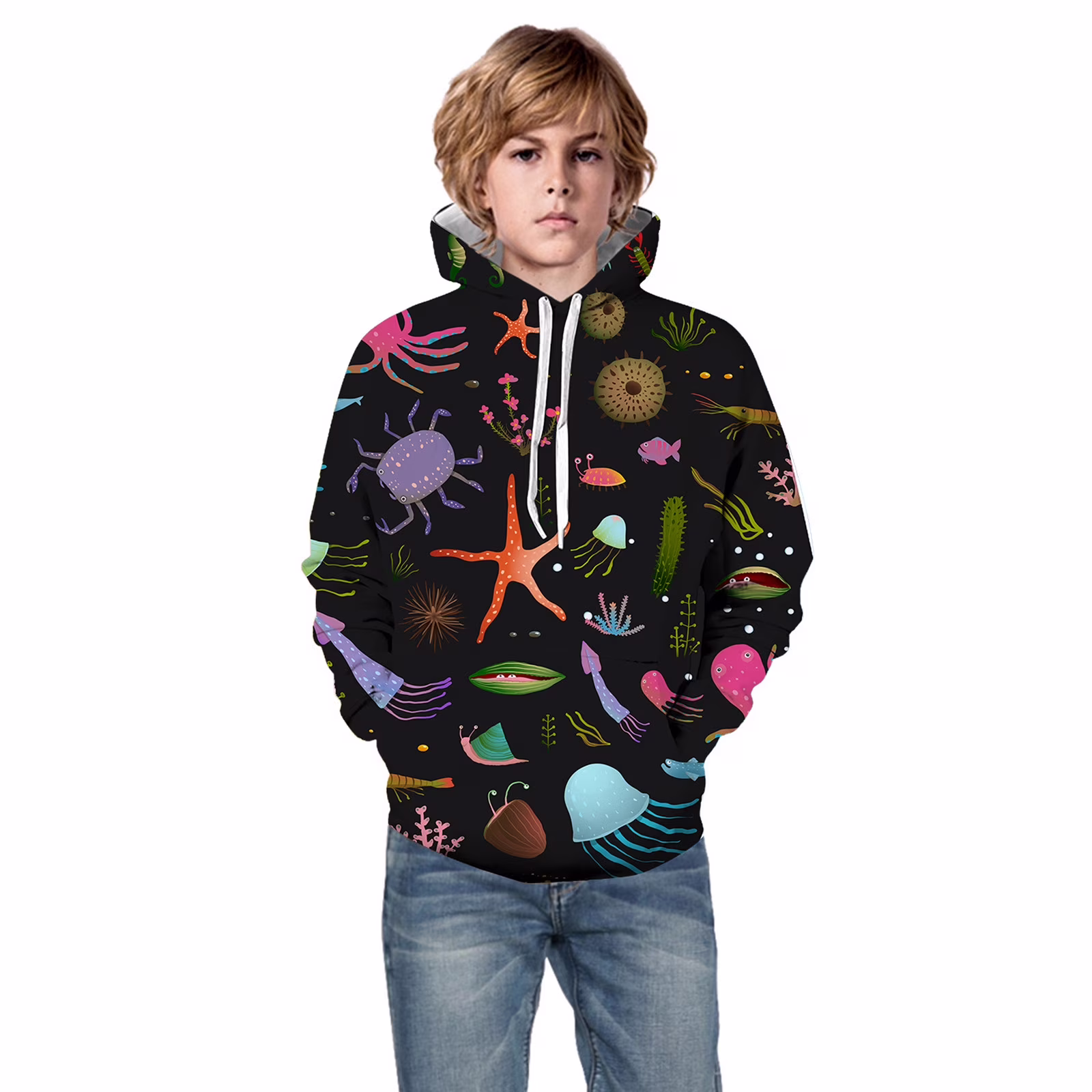 Little Boys Girls Kids Hooded Unisex Sweatshirt 3D Ocean Animals Printed Pullover Hoodie For Girls Boys With Pocket