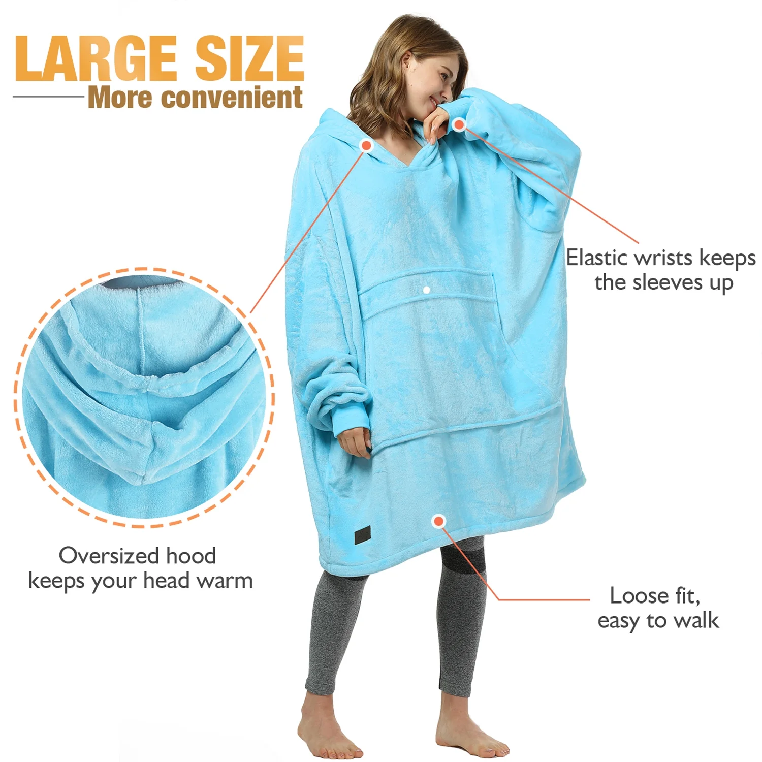 Catalonia Comfy Big Sweater Hooded Blanket Sweatshirt, Super Soft Warm Fleece Pullover for Adults, Blue