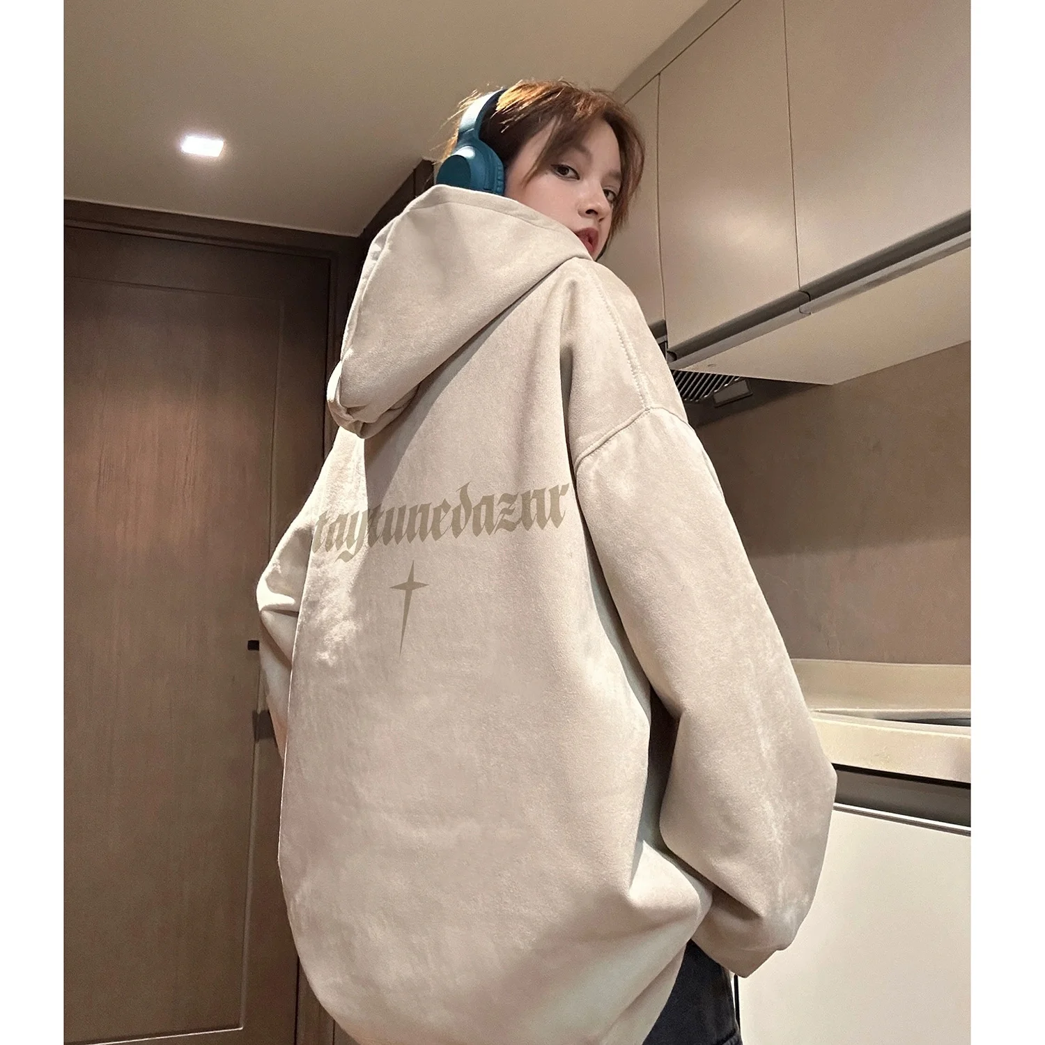 Suede Couple's Hooded Sweatshirt, Army Green,