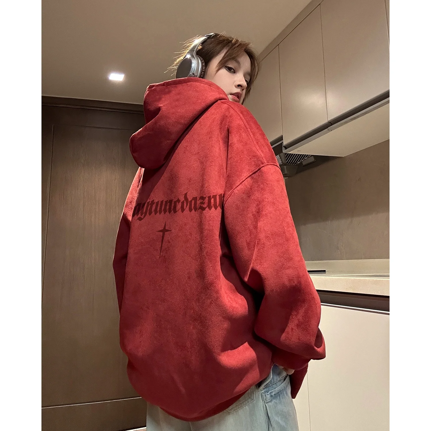 Suede Couple's Hooded Sweatshirt, Army Green,