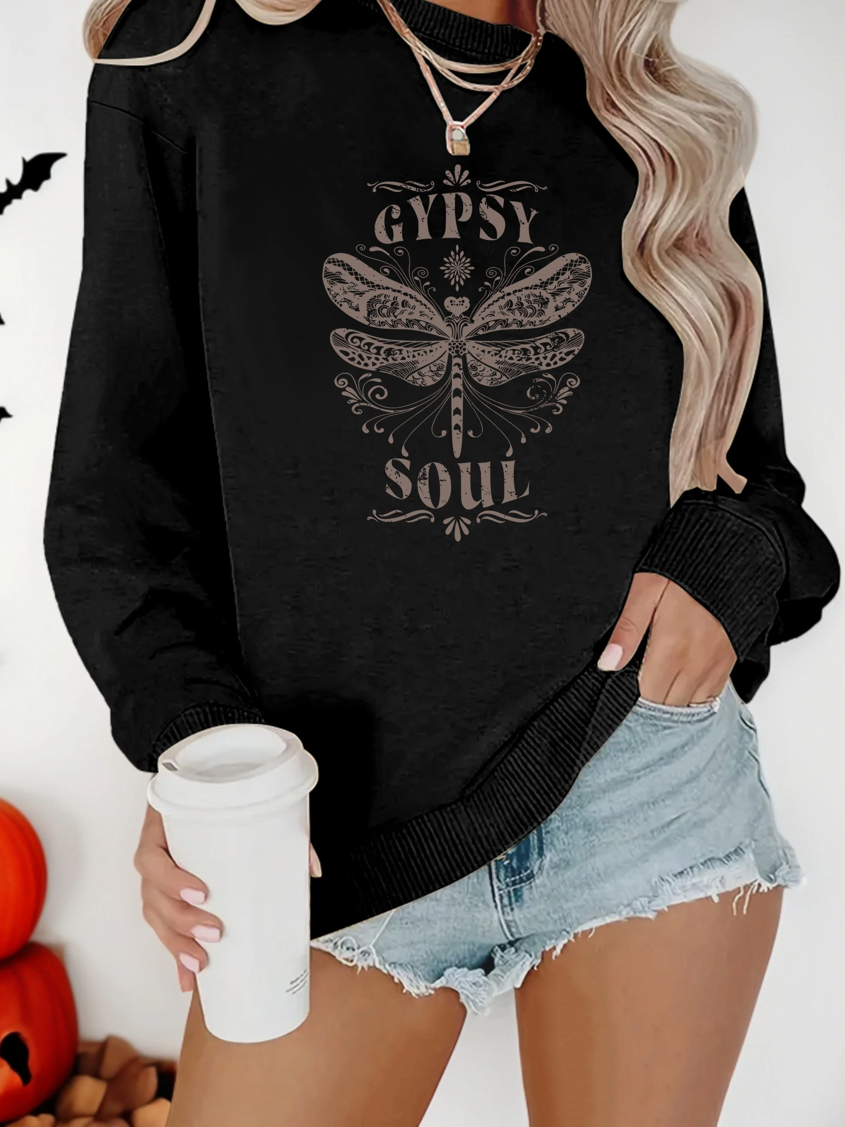 Cozy Women's Gypsy Soul Dragonfly Print Sweatshirt - Long Sleeve Round Neck All-Season Hoodie, Casual Crew Neck Knit Pullover
