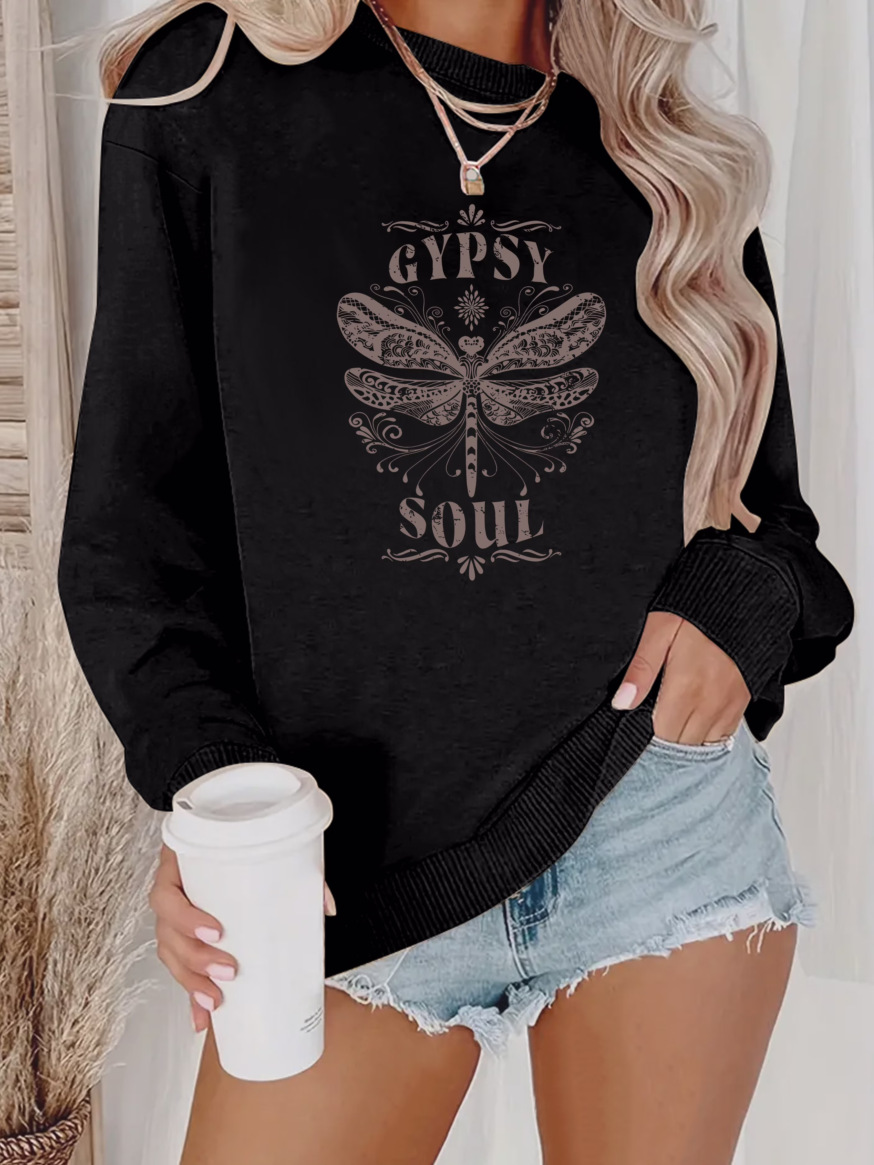 Cozy Women's Gypsy Soul Dragonfly Print Sweatshirt - Long Sleeve Round Neck All-Season Hoodie, Casual Crew Neck Knit Pullover