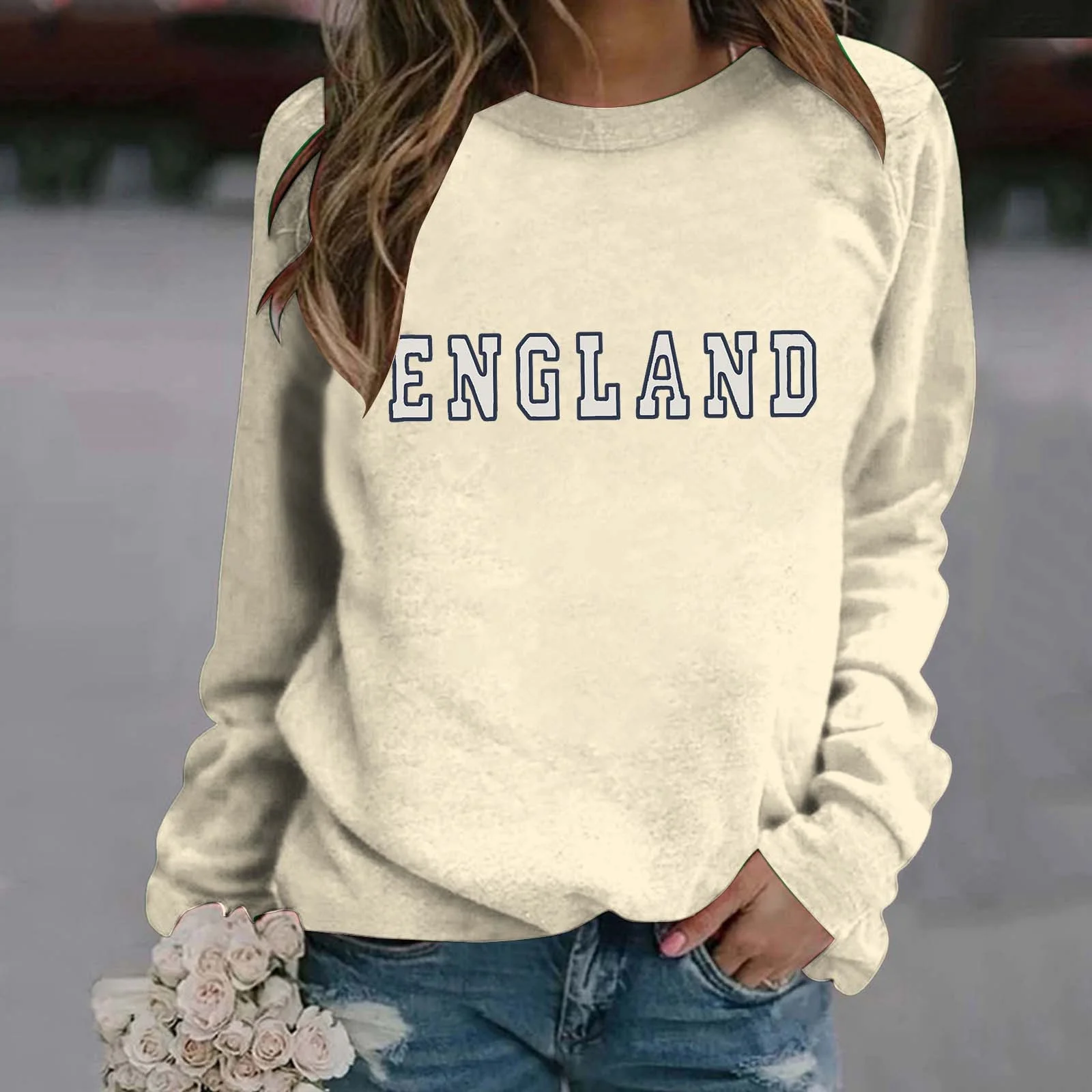 Women's Fashionable British Style Letter Printed Round Neck Long Sleeved Casual Sports Sweatshirt (1) Hoofie