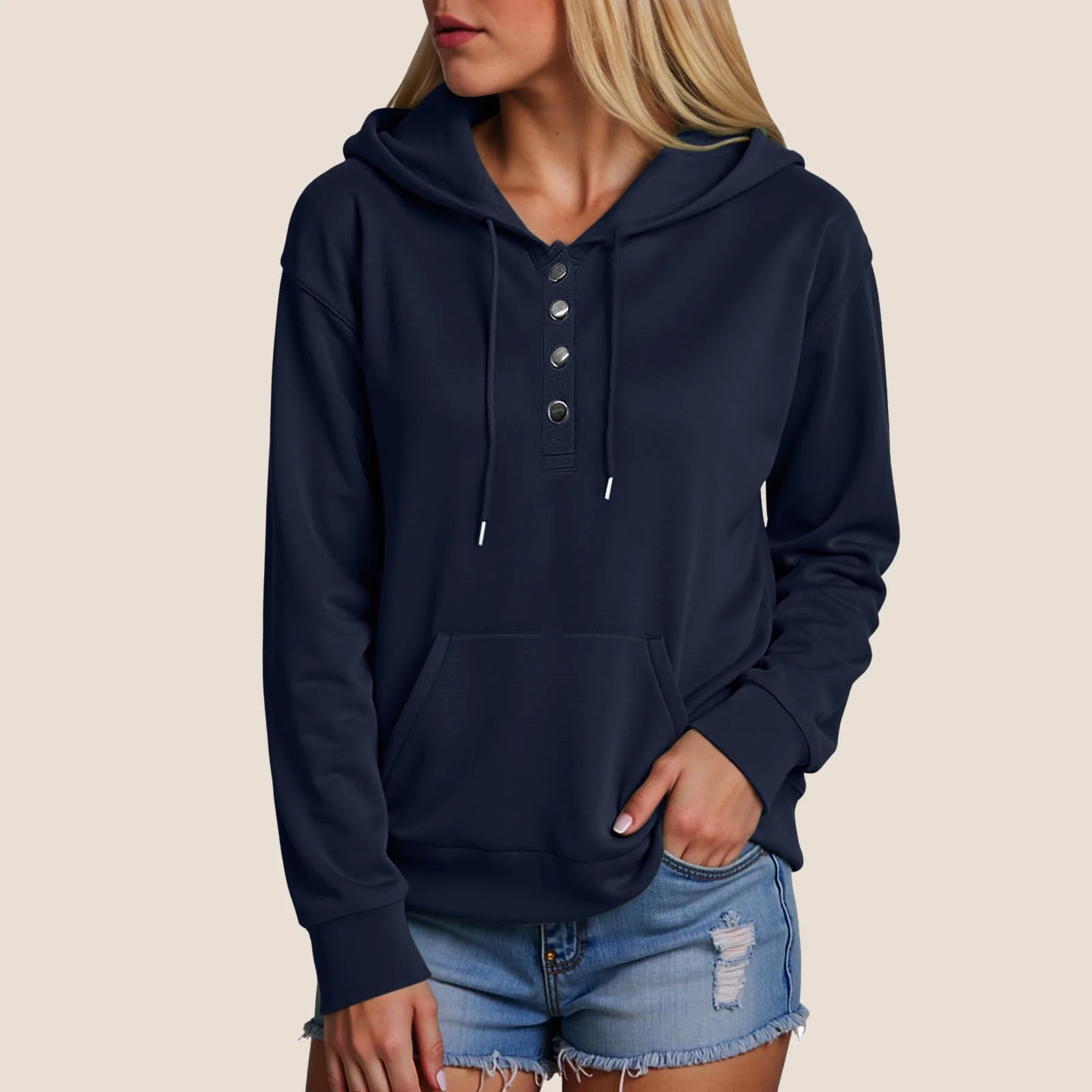 Unbranded Hoodies for Women 2025 Hoodies Button Down Collar Drawstring Hooded Pullover Sweatshirt Casual Long Sleeve Tops with Pocket Navy XXL
