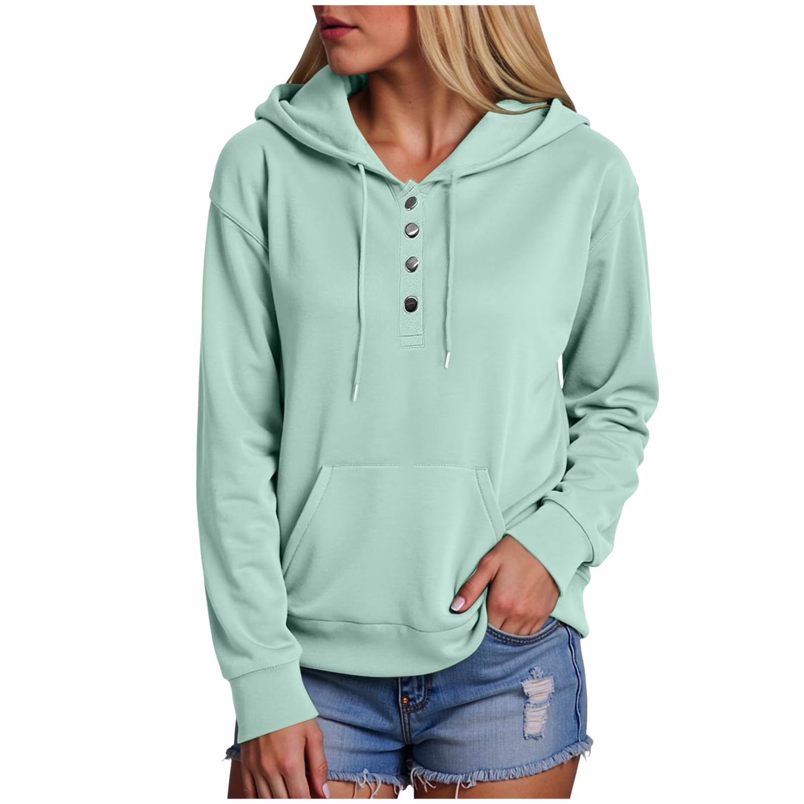 Unbranded Hoodies for Women 2025 Hoodies Button Down Collar Drawstring Hooded Pullover Sweatshirt Casual Long Sleeve Tops Shirts Light Green S