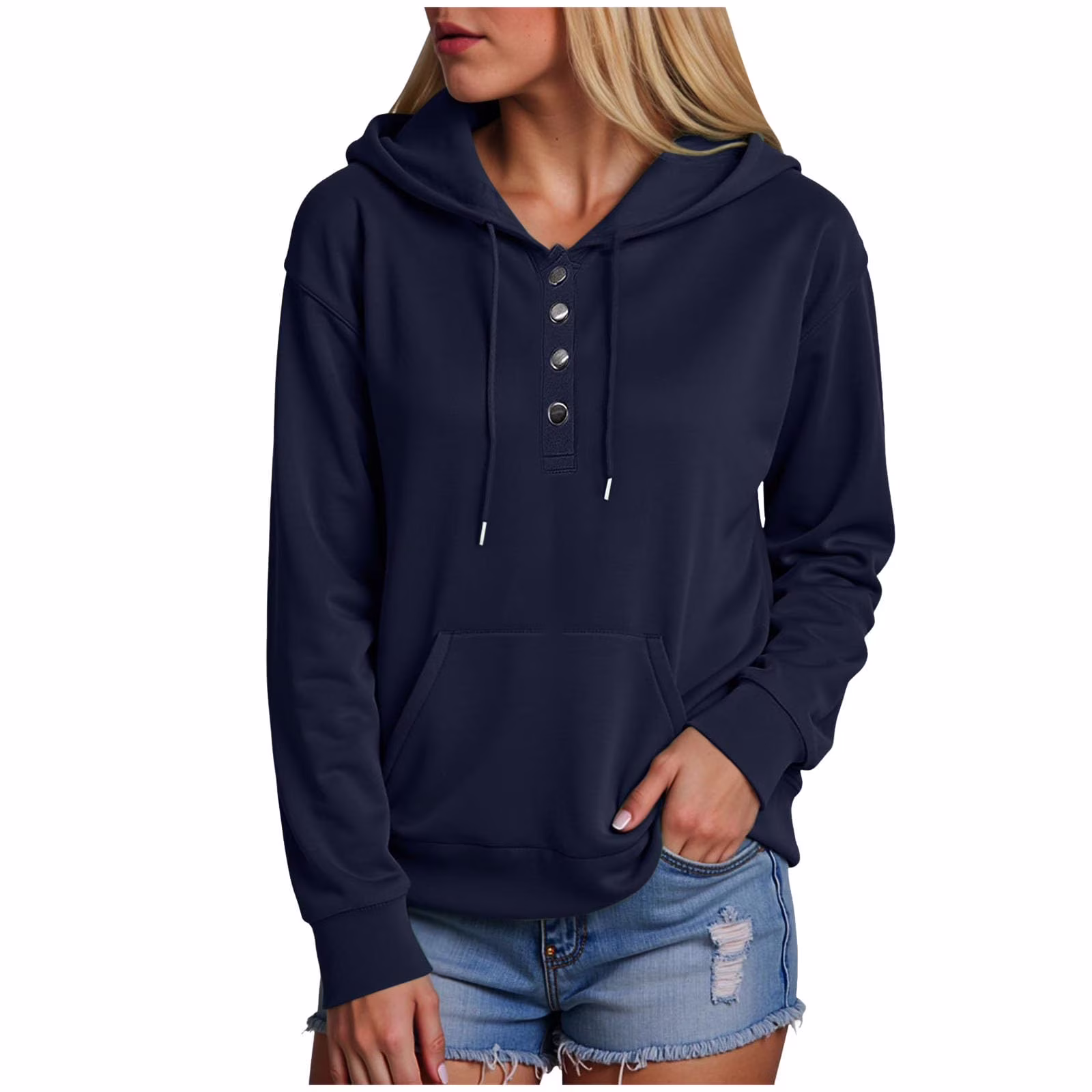 Unbranded Hoodies for Women 2025 Hoodies Button Down Collar Drawstring Hooded Pullover Sweatshirt Casual Long Sleeve Tops with Pocket Navy XXL