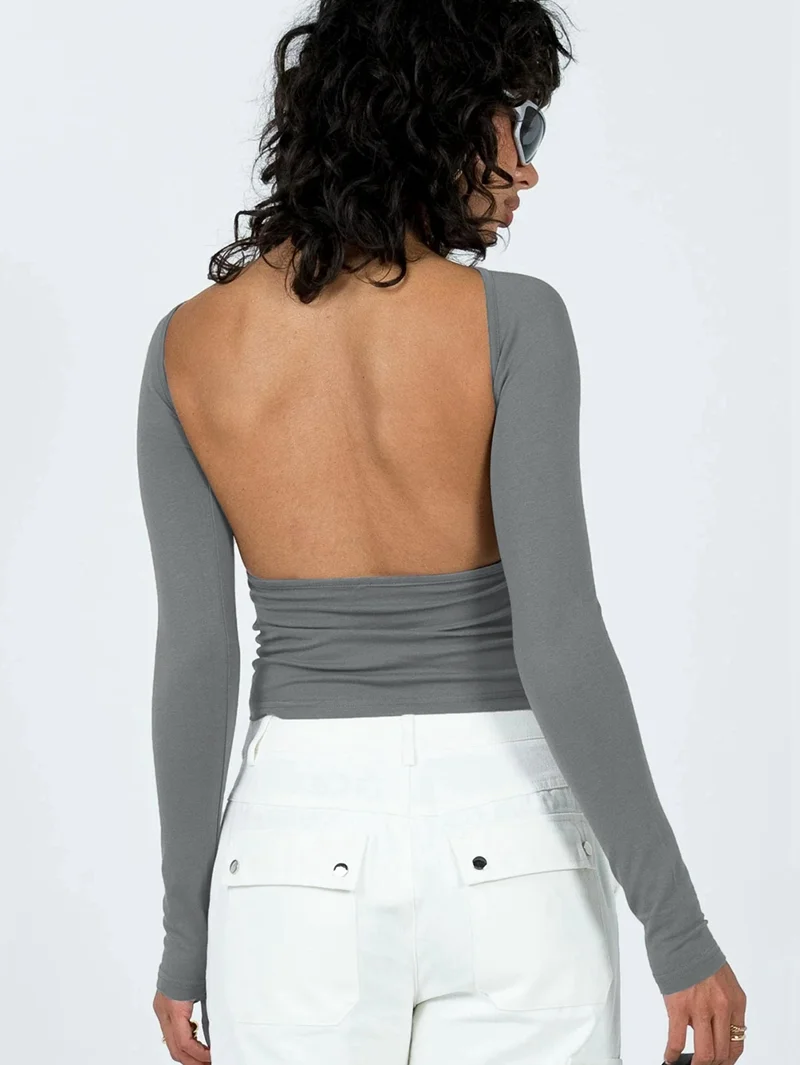 Women'S Open Back Long Sleeve Slim Crew Neck T-Shirt Y2K Crop Top Solid Color Casual Retro Fashion T-Shirt Dark Gray M