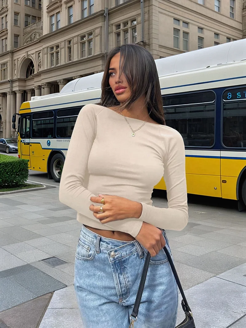 Women'S Open Back Long Sleeve Slim Crew Neck T-Shirt Y2K Crop Top Solid Color Casual Retro Fashion T-Shirt Apricot M