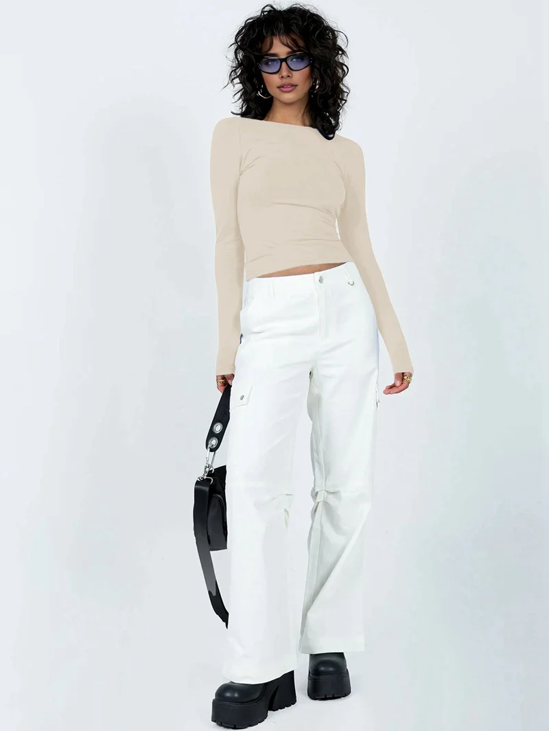 Women'S Open Back Long Sleeve Slim Crew Neck T-Shirt Y2K Crop Top Solid Color Casual Retro Fashion T-Shirt Apricot M