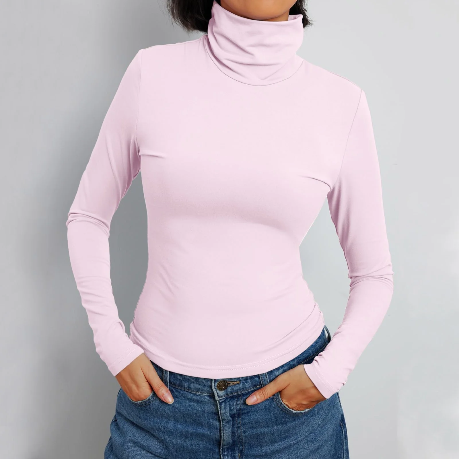 Long Sleeve Shirts for Women V Neck Womens Long Sleeve Turtleneck Crop Tops Basic Slim Fitted Going Out T Shirts Winter Clothes Z0B-Pink, S