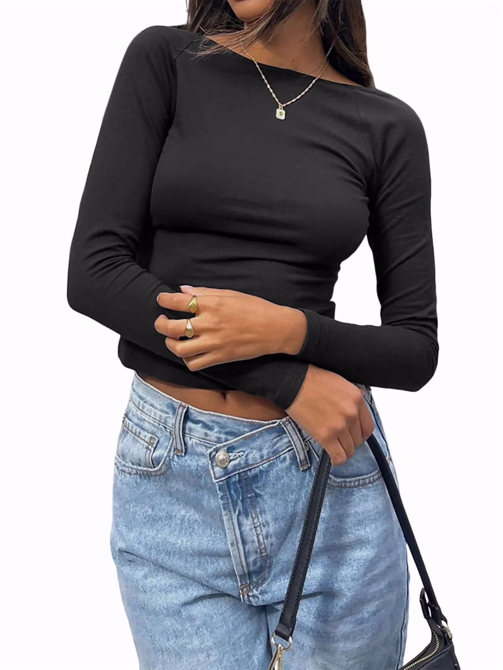 Women'S Open Back Long Sleeve Slim Crew Neck T-Shirt Y2K Crop Top Solid Color Casual Retro Fashion T-Shirt Black L