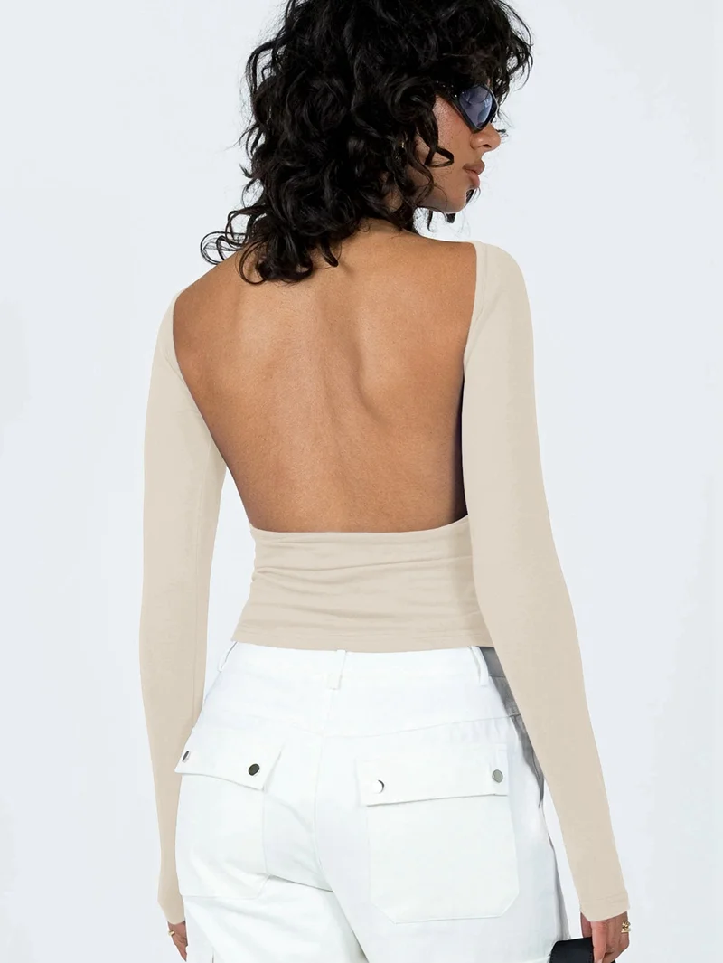 Women'S Open Back Long Sleeve Slim Crew Neck T-Shirt Y2K Crop Top Solid Color Casual Retro Fashion T-Shirt Apricot M