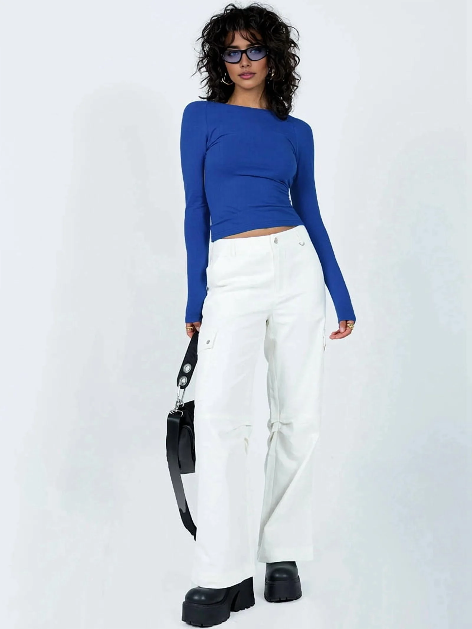 Women'S Open Back Long Sleeve Slim Crew Neck T-Shirt Y2K Crop Top Solid Color Casual Retro Fashion T-Shirt Royal Blue L