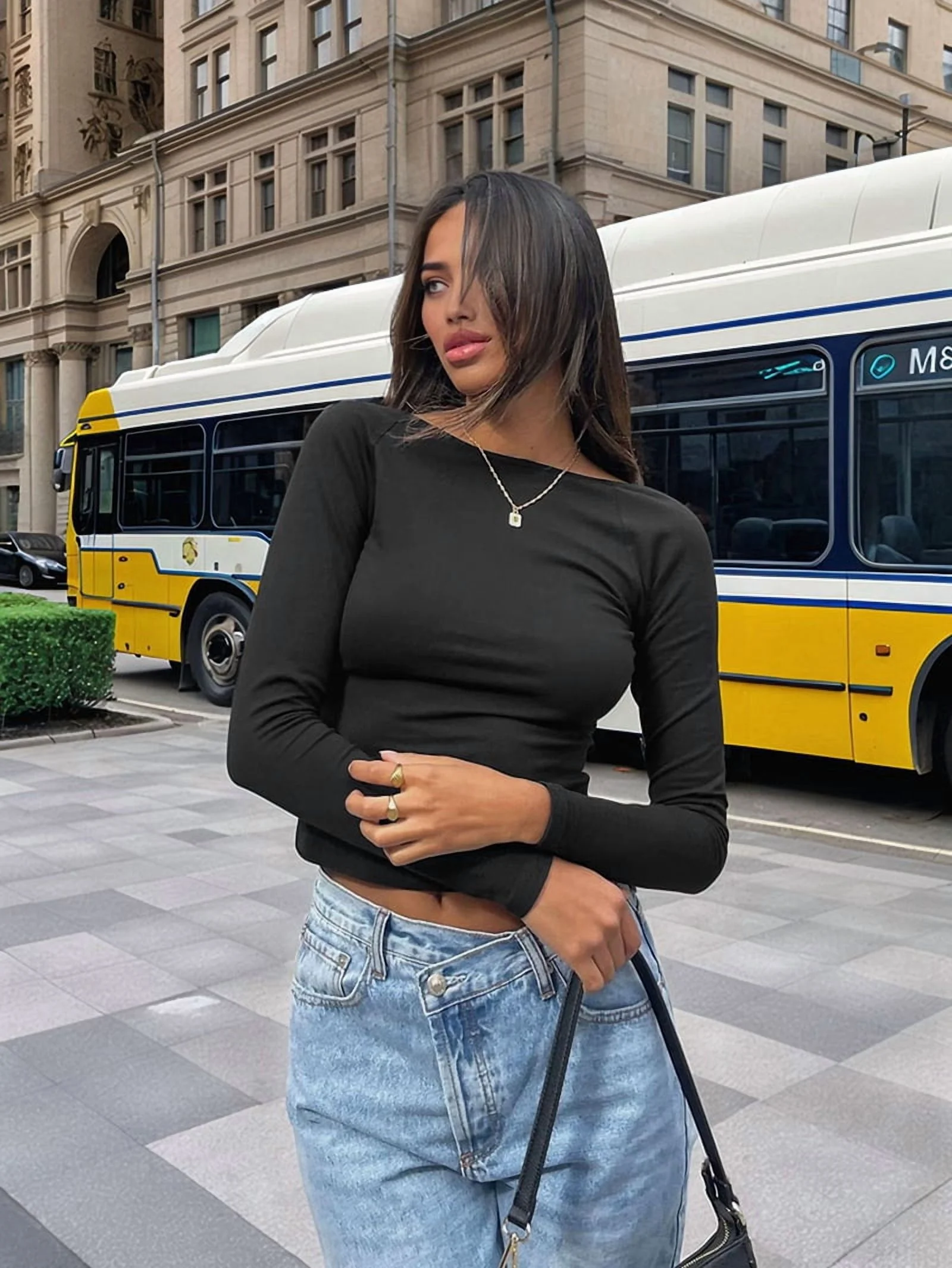 Women'S Open Back Long Sleeve Slim Crew Neck T-Shirt Y2K Crop Top Solid Color Casual Retro Fashion T-Shirt Black L