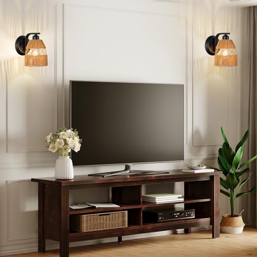 Rattan Wall Sconces Set of Two Farmhouse Wall Light Fixtures Hardwired Indoor Industrial Sconces Wall Lighting Rustic Wall Lamp for Bedroom Living Room, E26