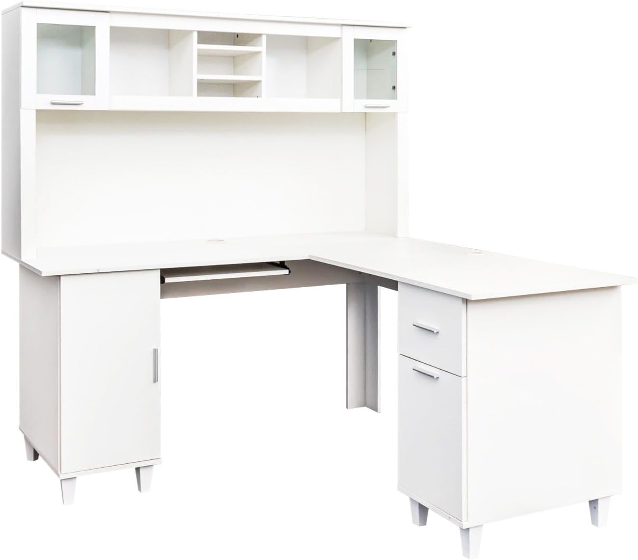 L-Shaped Corner Computer Desk with Hutch, Storage Shelves, Drawer, and Cabinets, Home Office Desk with Keyboard Tray, White Workstation for Study Room and Workspace