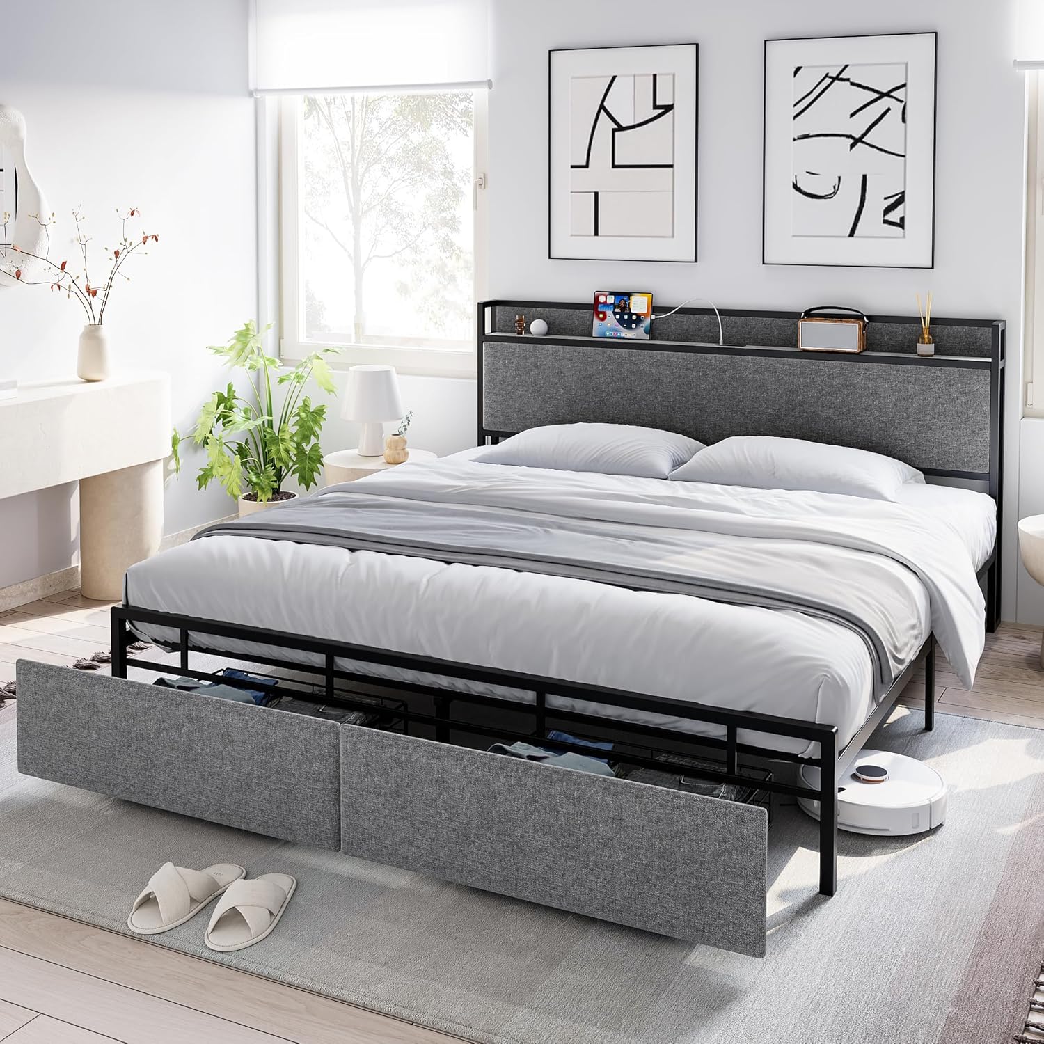 Full Size Bed Frame with Headboard and Drawers, Storage Platform Bed Frame with Chargin Station, Heavy Duty, No Box Spring Needed, Light Grey