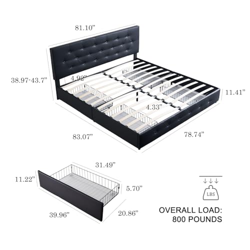 King Size Bed Frame with Black Leatherette Headboard, Bed Frame with 4 Storage Drawers and Charging Station, No Box Spring Needed,Heavy Duty Solid Wood Feet,Easy Assembly (Black)