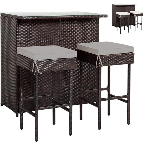 HAPPYGRILL 3PCS Patio Bar Set Rattan Wicker Bar Stools & Table with Cushions and Glass Table Top for Pool Garden Dining Set with Storage Shelves