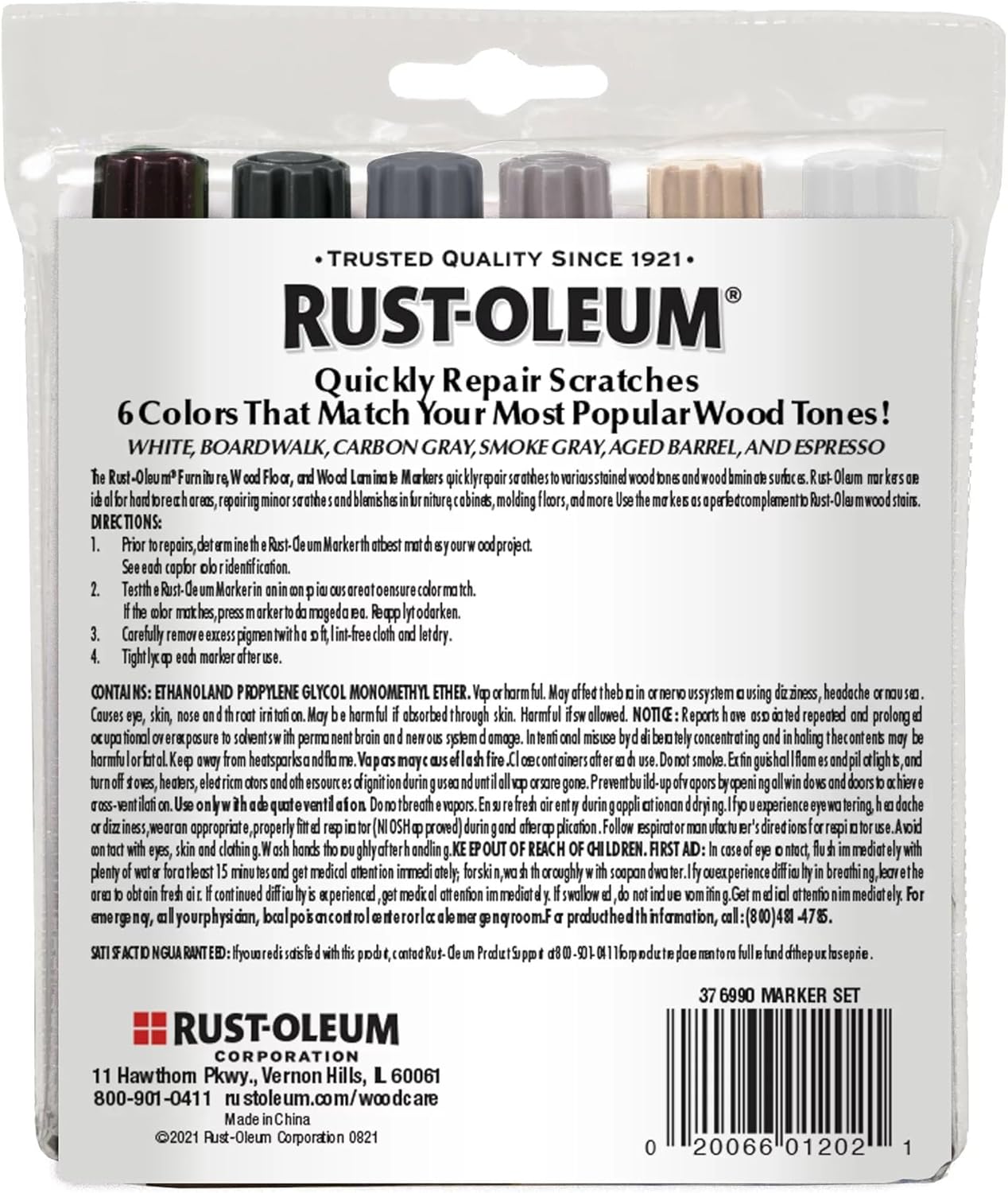 Rust-Oleum Furniture, Wood Floor and Wood Laminate Repair Markers, 6 Count, White, Boardwalk, Aged Barrel, Carbon Gray, Smoke Gray and Espresso, ‎Cool Tones, 376990