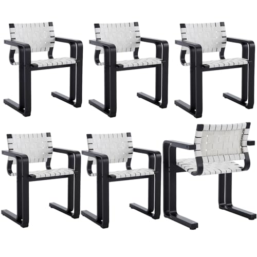 Modern Woven Dining Chairs Set of 4, White Faux Leather Woven Strips Dining Room Chairs with Unique Double Wood Legs, Comfy Armchair with Curved Weave Back&Seat for Kitchen, Natural Frame