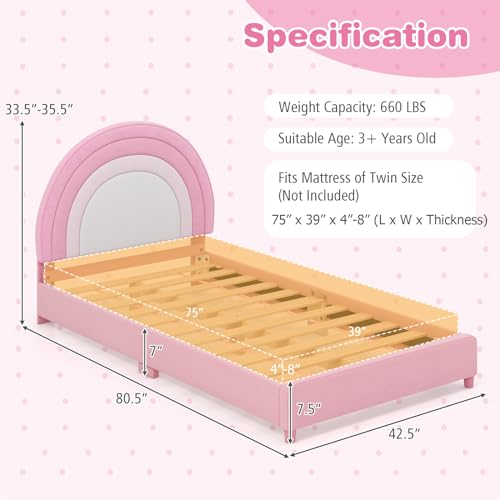 Costzon Twin Bed Frames with Adjustable Headboard, 660 LBS Weight Capacity Upholstered Wooden Kids Bed w/Slats Support, No Box Spring Needed, Easy Assembly, Twin Platform Bed Frame (Pink Rainbow)