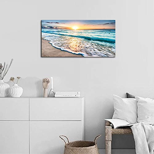 DVQ ART - Sunrise Wall Art Seascape Natural Scenery Poster Prints on Canvas Stretched and Framed Sea Wave Picture Artwork for Home Wall Decor Ready to Hang 20x40 Inch
