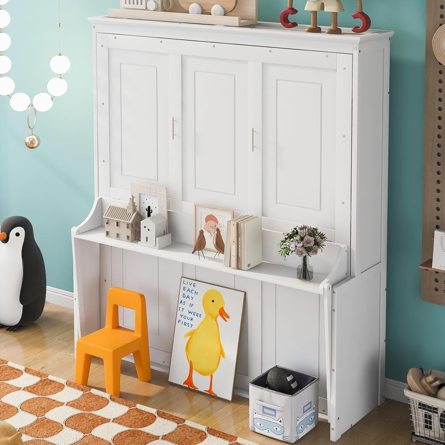 Queen Size Shelf, Wood Multifunctional Murphy Wall Bed Frame for Bedroom Living Room Furniture, Space-Saving, White