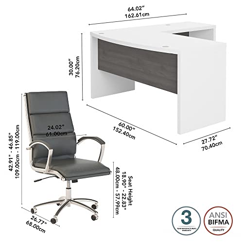 Bush Business Furniture Echo L Shaped Bow Front Desk with High Back Chair, Pure White and Modern Gray