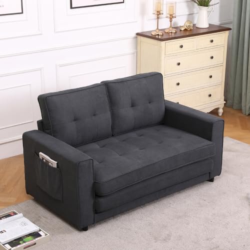 3 in 1 Upholstered Futon Sofa Convertible Floor Sofa bed, Foldable Tufted Loveseat with Pull Out Sleeper Couch Bed, Folding Mattres Love Seat Daybed W/Side Pockets for Living Room (Dark Grey)
