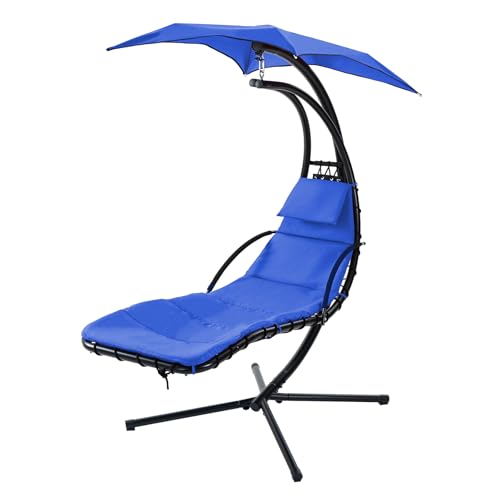 Hanging Chaise Lounger with Removable Canopy, Outdoor Swing Chair with Built-in Pillow, Hanging Curved Chaise Lounge Chair Swing for Patio Porch Poolside, Hammock Chair with Stand (Blue)
