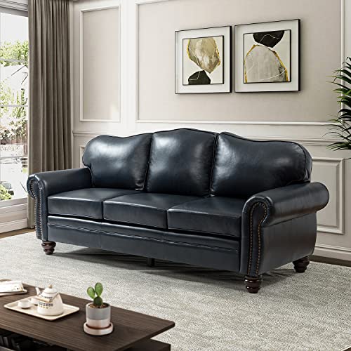 HULALA HOME 81'' Upholstered Leather Sofa with Nailhead Trim and Rolled Armrests, Mid-Century Modern Living Room 3-Seater Couch, Turquoise Couch with Removable Cushion for Bedroom Apartment