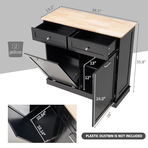 13 Gallons Tilt Out Trash Cabinet Kitchen Waste Bins Modern Kitchen Trash Cabinet with Adjustable Shelf and Hideaway Drawers, Pet Proof Trash Can Holder for Kitchen Living Room, Black