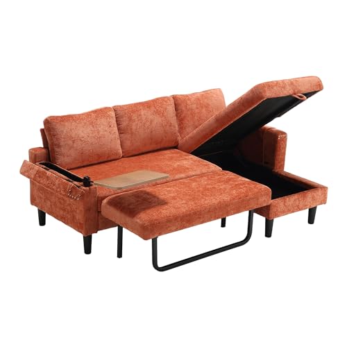 Convertible Sleeper Sofa with Pull Out Bed, Chenille Upholstered Sectional Sleeper Couch, L Shape Sofa Sleeper Couch with Storage Chaise, Laptop Table, Side Pocket for Living Room (Green)