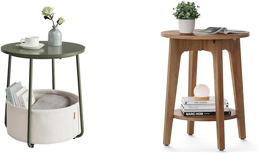 VASAGLE Small Round Side End Table, Modern Nightstand with Fabric Basket, Bedside & Round Side Table with Lower Shelf, End Table for Small Spaces, Nightstand for Living Room, Bedroom