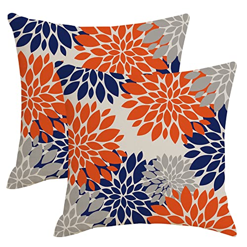 Navy Blue and Teal Gray Pillow Covers 18x18 Inch Outdoor Spring Summer Dahlia Floral Throw Pillows Cover Set of 2 Modern Geometric Linen Decorative Pillow Case for Home Couch Bed Sofa Decor