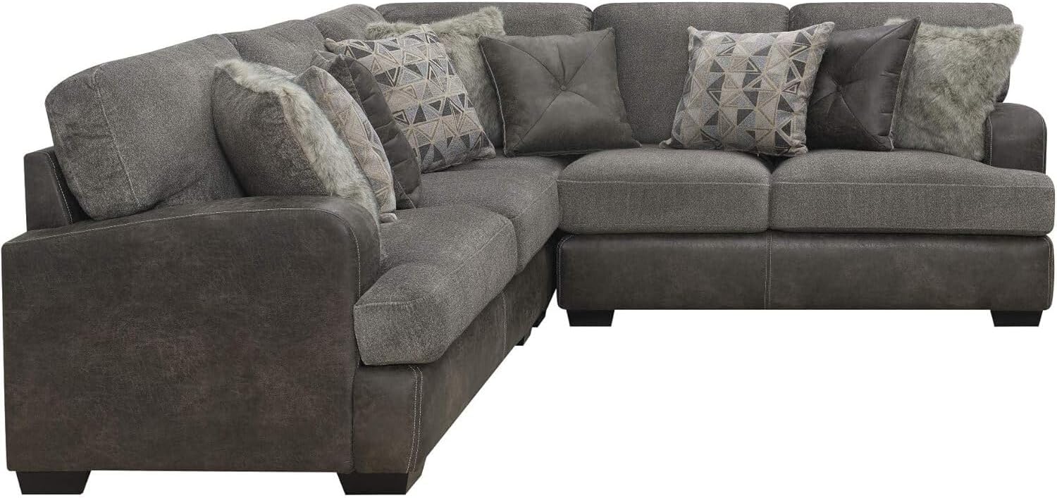 Artisanal Attic Bright Charcoal Tweed and Faux Leather Sectional with Cozy Fabrics and Deep Seating