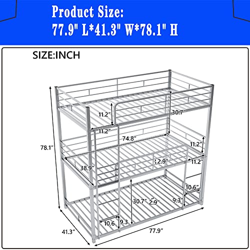 Triple Bunk Bed for Kids with Built-in Ladder,Twin Size Metal Bunkbeds with Safety Guardrails,No Box Spring Needed, Noise Free for Dorm, Bedroom, Guest Room (Black, Twin Over Twin Over Twin)